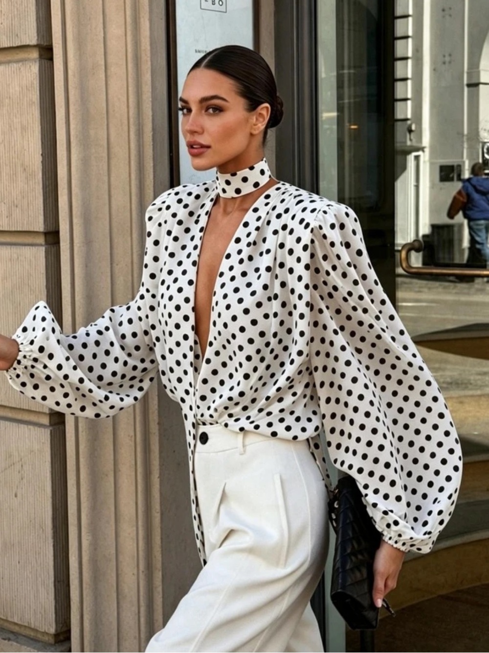 Women's Autumn/Winter New Casual Elegant Polka Dot Pattern Blouse - Deep V Neck